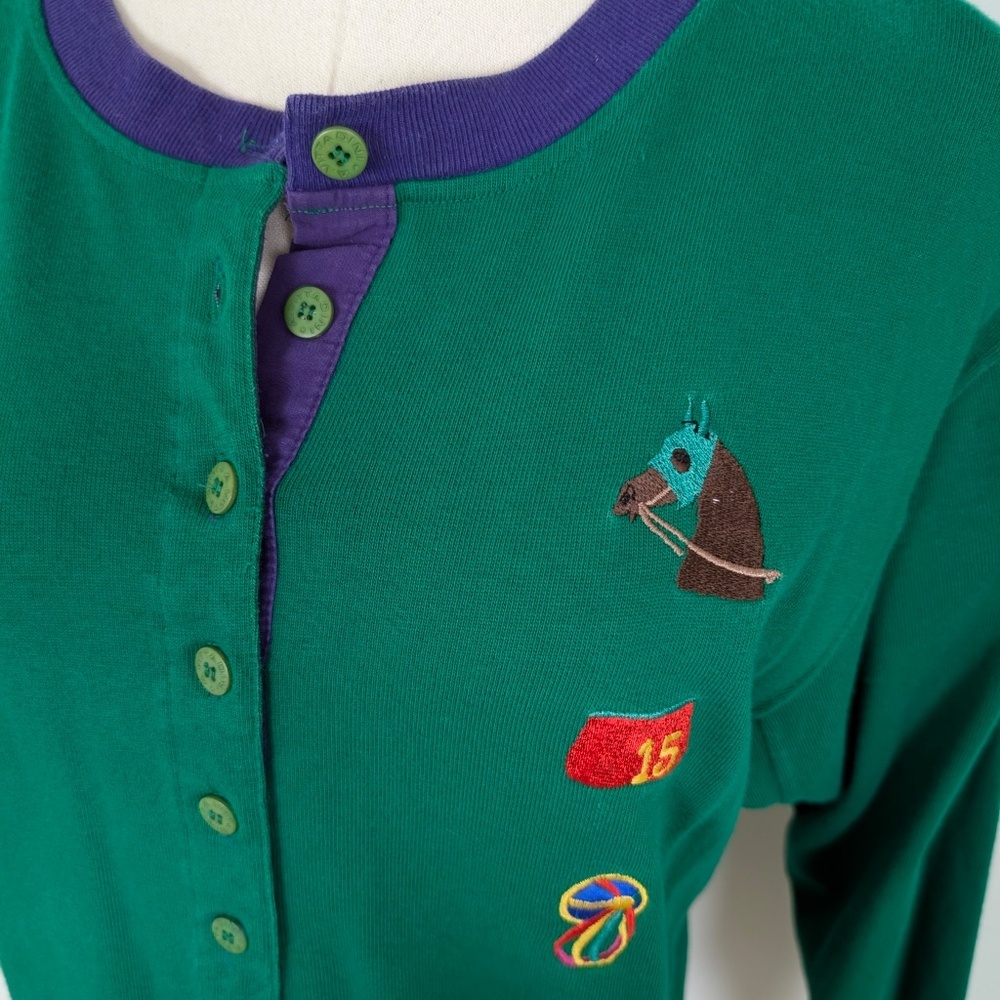 80s Adrienne Vittadini 3/4 Sleeve Pony Shirt Equestrian Embroidered Crest Button - Picture 7 of 9